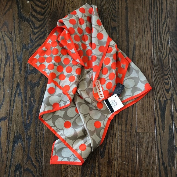Coach Accessories - *NWT* COACH Women’s Orange/Tan Signature Logo Polka Dot 100% Silk Square Scarf